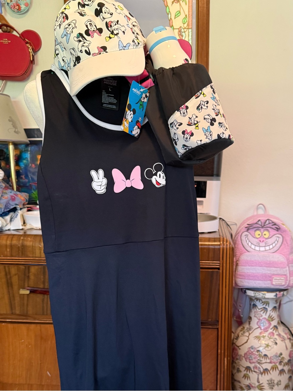 NEW Disney Mickey Mouse Athleisure Dress w/ Shorts L hat water bottle cross Aldi